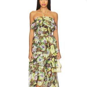 Astr Strapless Floral Ruffle Maxi Dress in Green and Purple